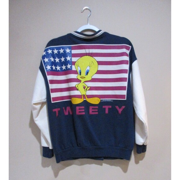 Vtg. 95 Deadstock Looney Tunes Tweety Bird Snap Fleece Jacket Women Small Flag - Picture 2 of 3
